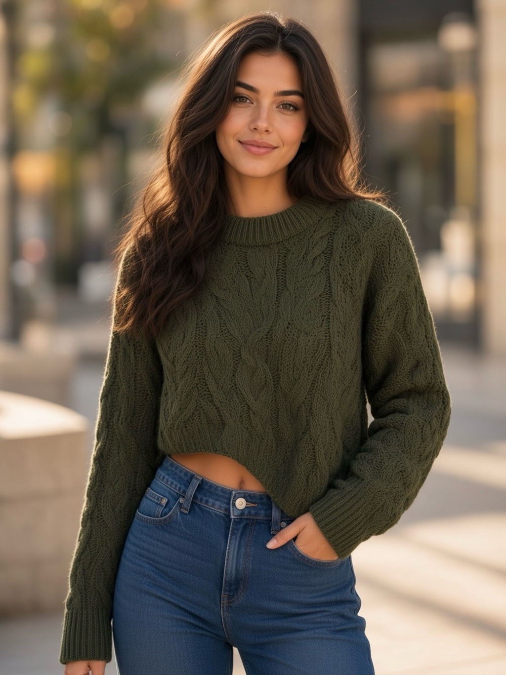 Thinkable Free Size Cozy Cable-Knit Cropped Sweater - Olive Green